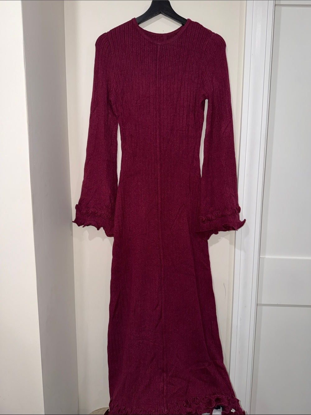Commense Women’s Long Bell Sleeve Knit Maxi Dress in Burgundy